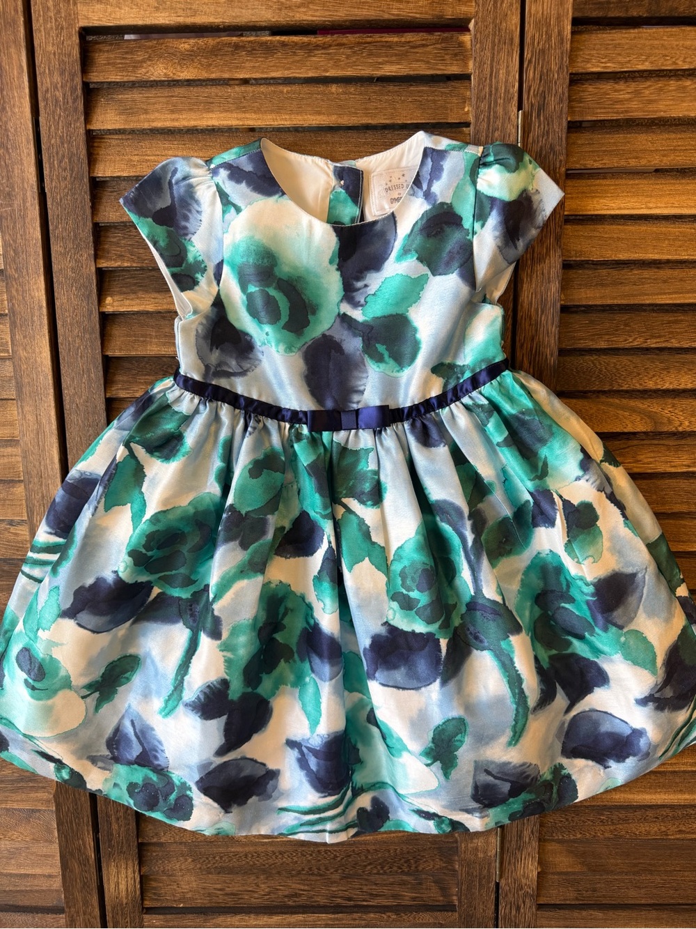 Gymboree Dress Up Formal Teal Navy Floral Watercolor Satin Party Dress Size 5T